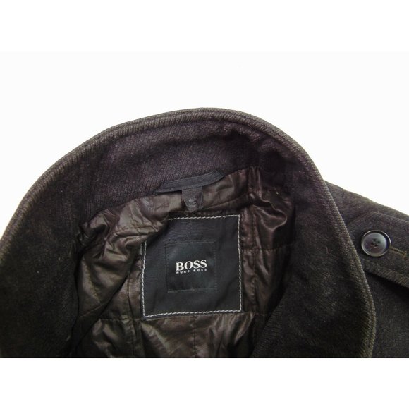 Hugo Boss Men L Quilted Military Pea Coat Jacket Gray Wool Tweed Full Zip - Picture 5 of 8